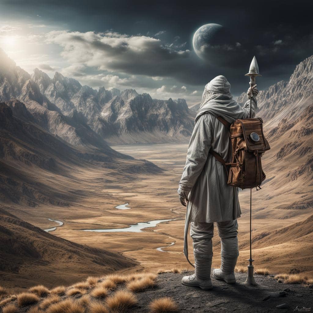 The Scribe with a backpack and staff, standing atop a hill and looking at a beautiful valley below.