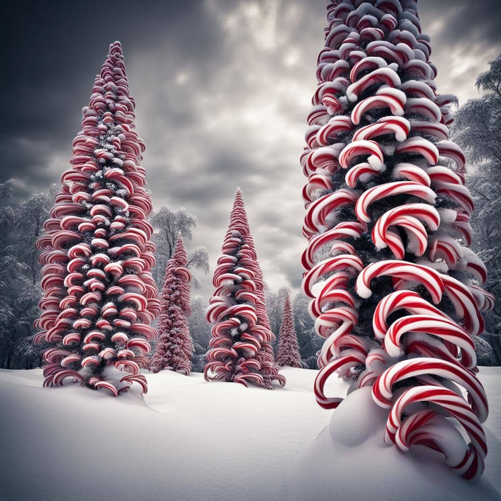 Candy cane trees growing from the snow-covered grown.