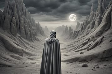 The Scribe standing in a lunar field with white cliffs on either side and a moon ahead.