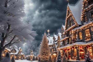 A Norpol village during the week of rest, with lights all over houses and trees.
