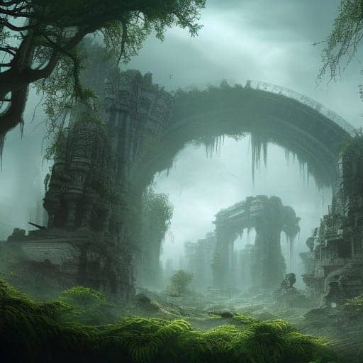 Covered in vines, the Great Arches of Oub rise from the jungle in the fog of morning.