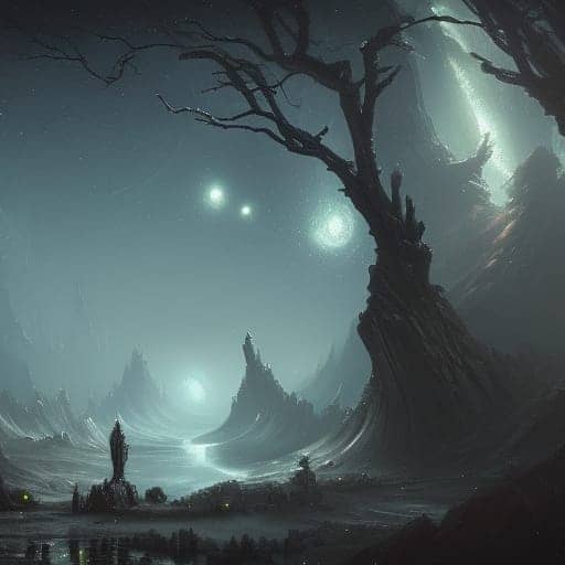 A withered tree rising from a barren land with a meager river and dull stars in the background