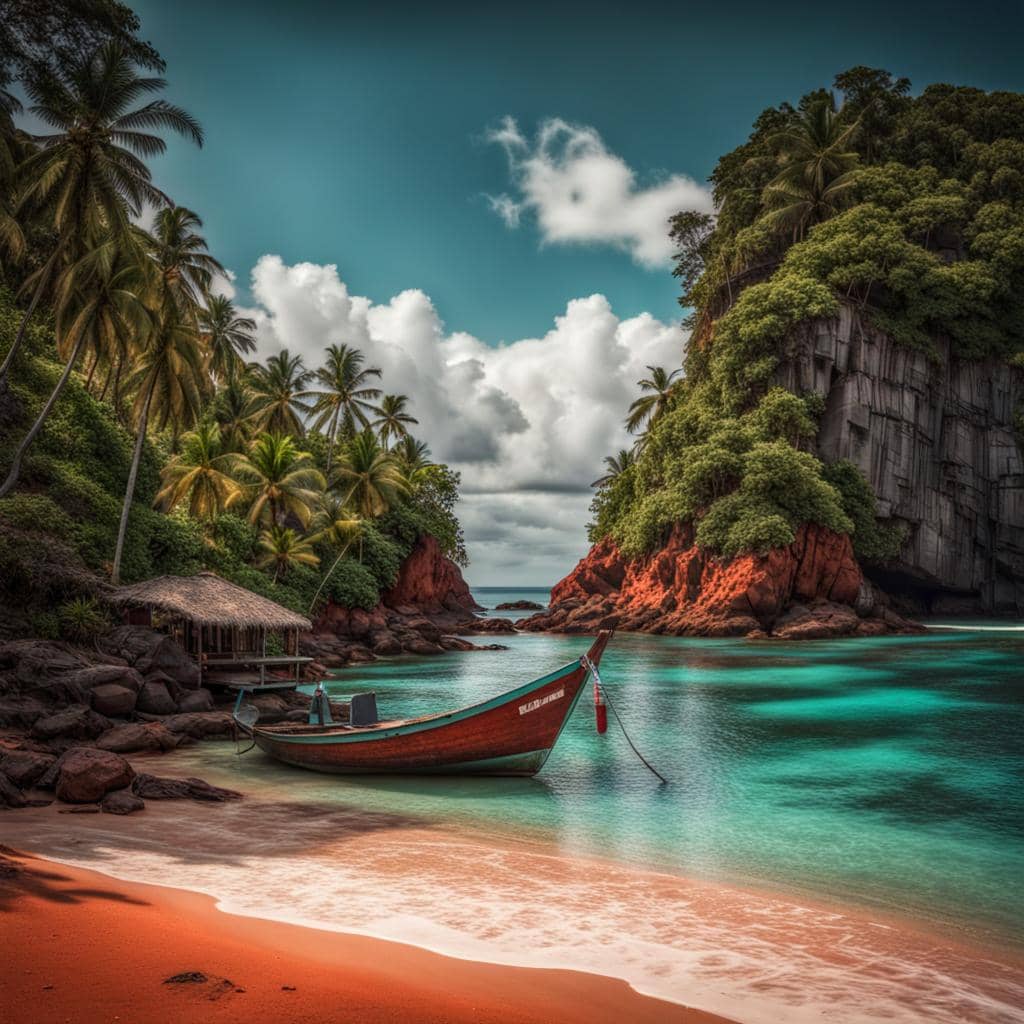 A boat in the water of Palamas surrounded by a tropical setting.