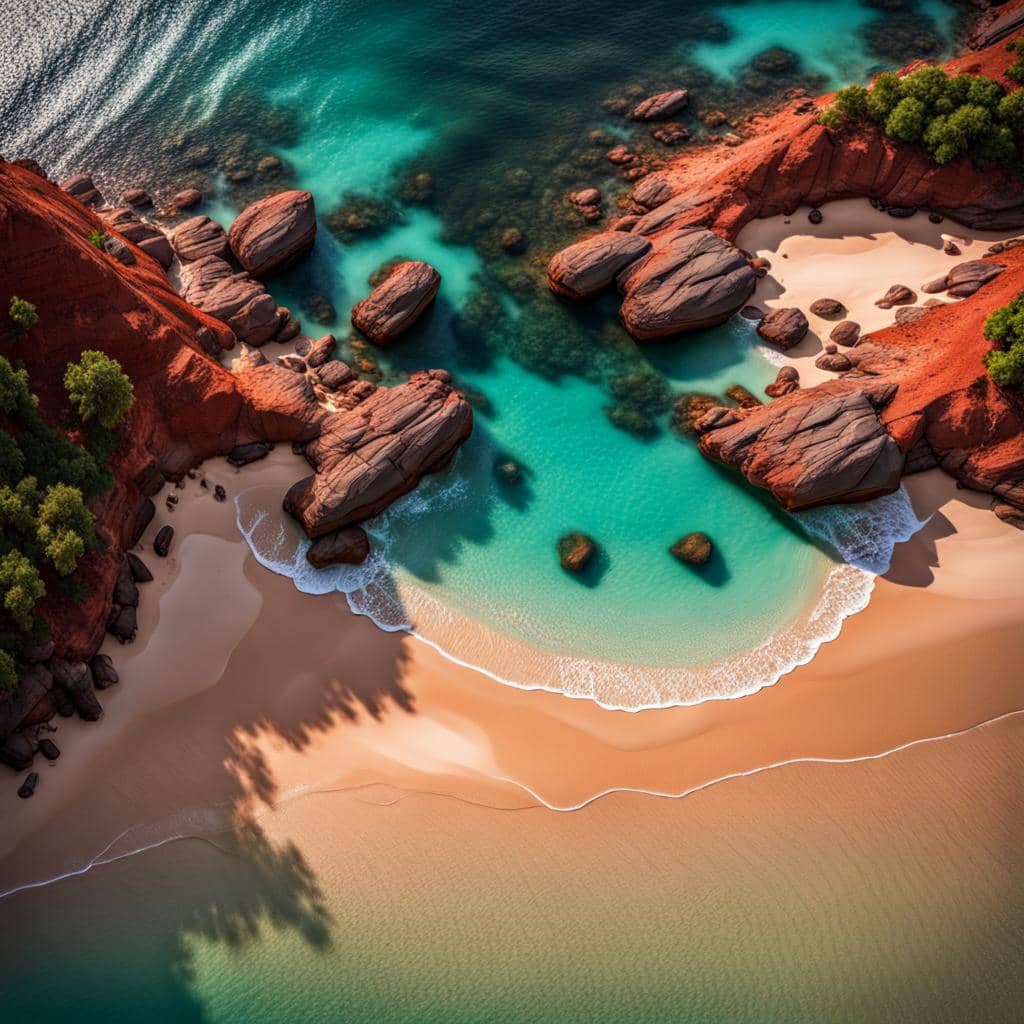 A view of Palamas' red sand and turquoise waters from above.