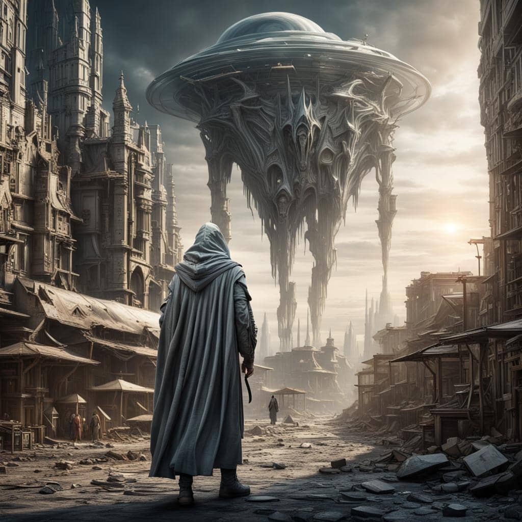 The Scribe watching an alien spacecraft be built on a foreign planet.