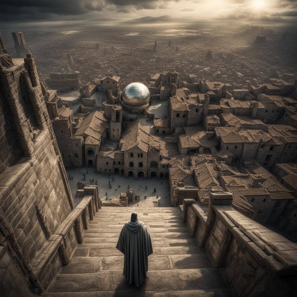 The Scribe at the top of a grand set of stairs, looking down at a primitive alien civilization.