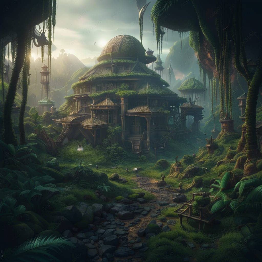 A large and ornate home in a clearing within the jungle that has been abandoned.