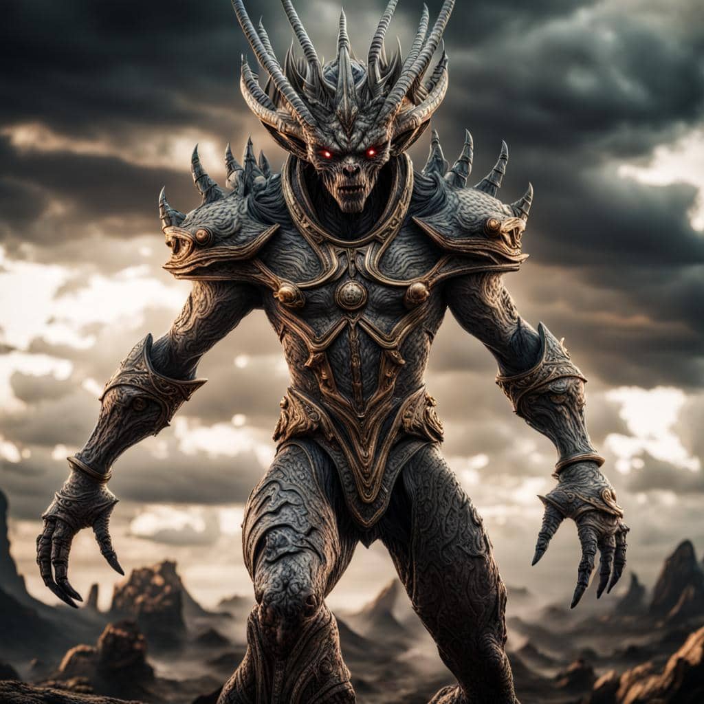 A Tymek, known as a Shielded Demon, on a desolate battlefield.
