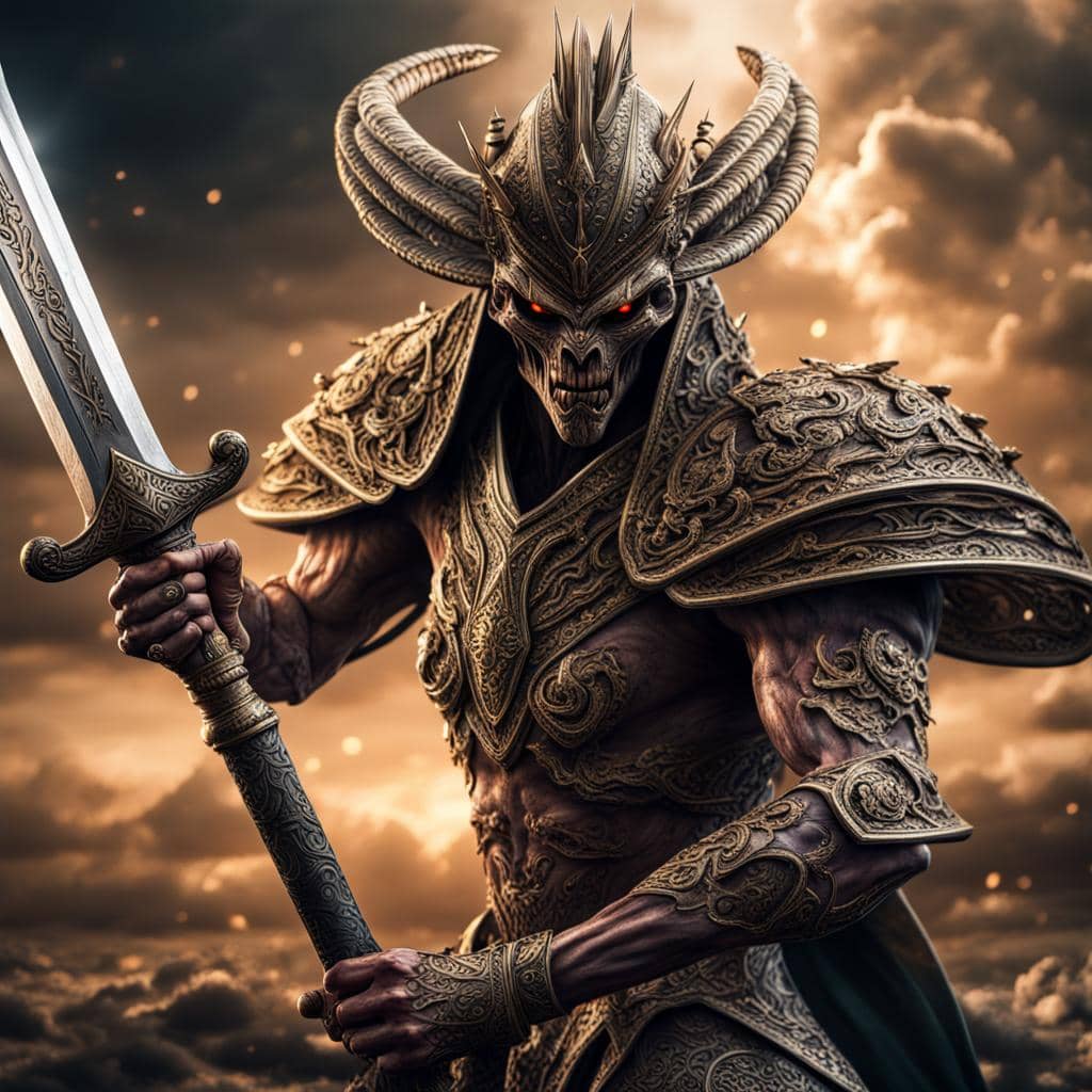 An elite Tymek soldier wielding a sword on a fiery battlefield.
