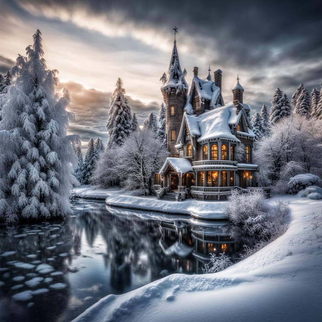 A city hall amid the wintery landscape of Norpol on the edge of a cold river.